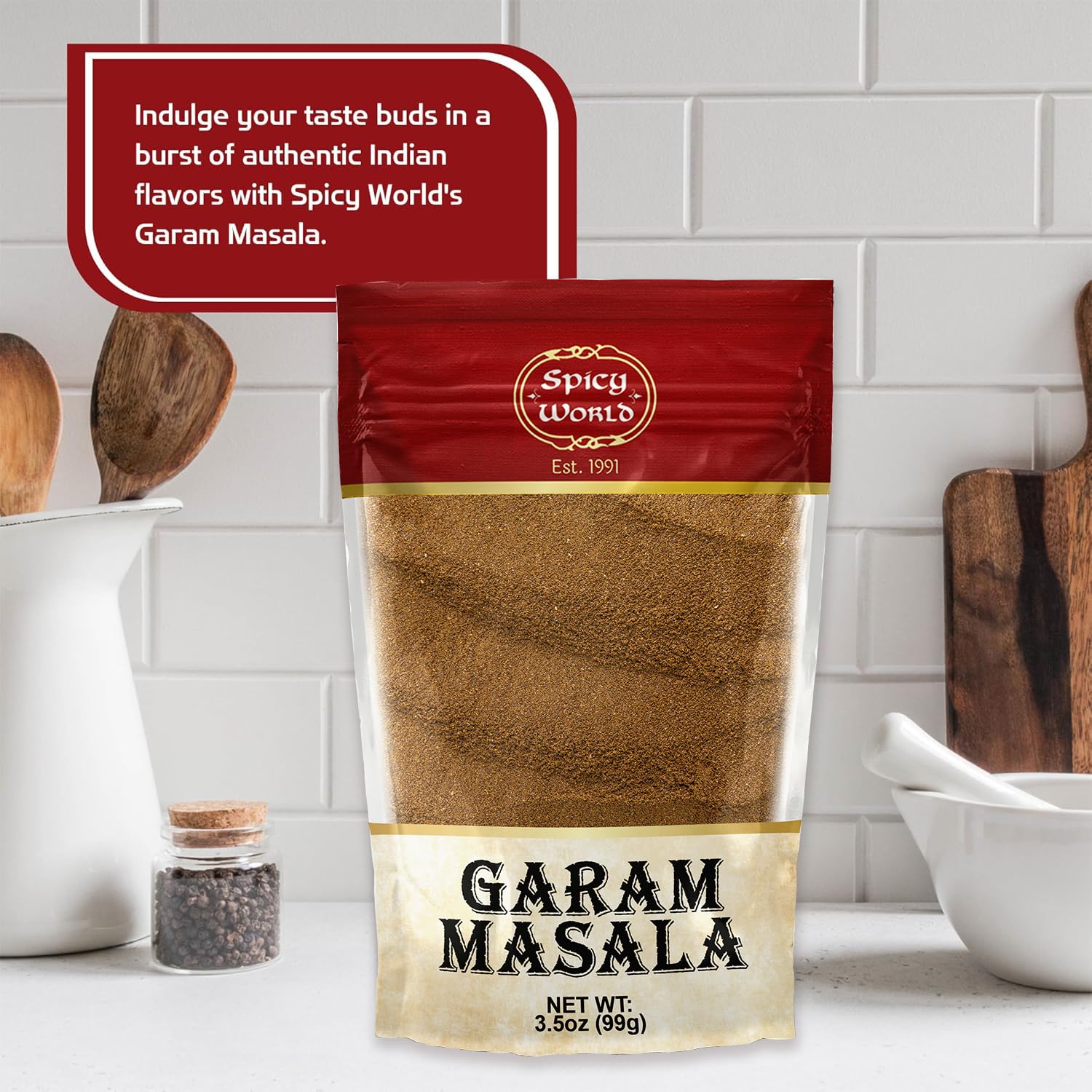 Spicy World Garam Masala packaging jar helps preserve aroma.