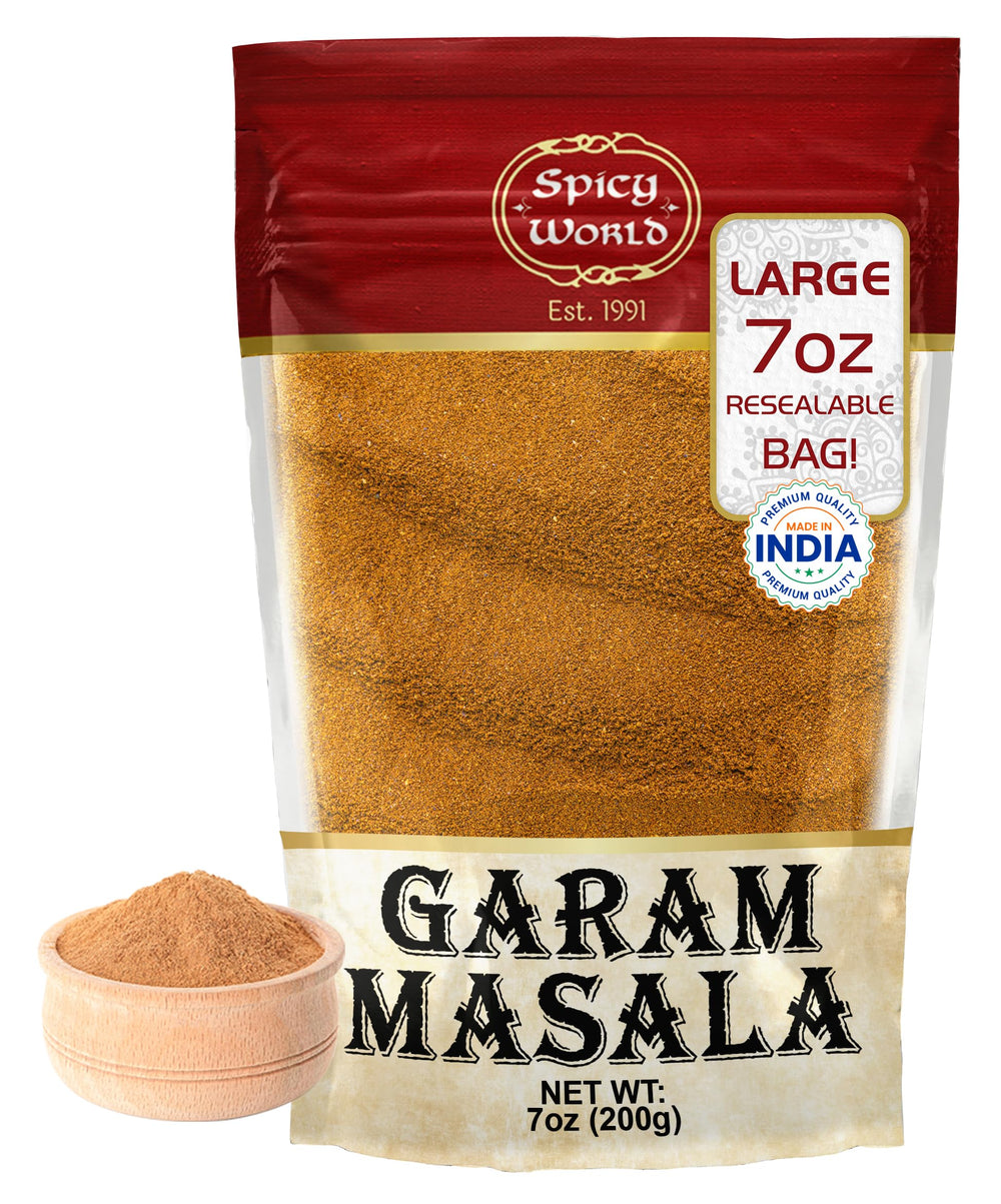 Spicy World Garam Masala powder in jar highlights a 15-spice blend for rich flavor.