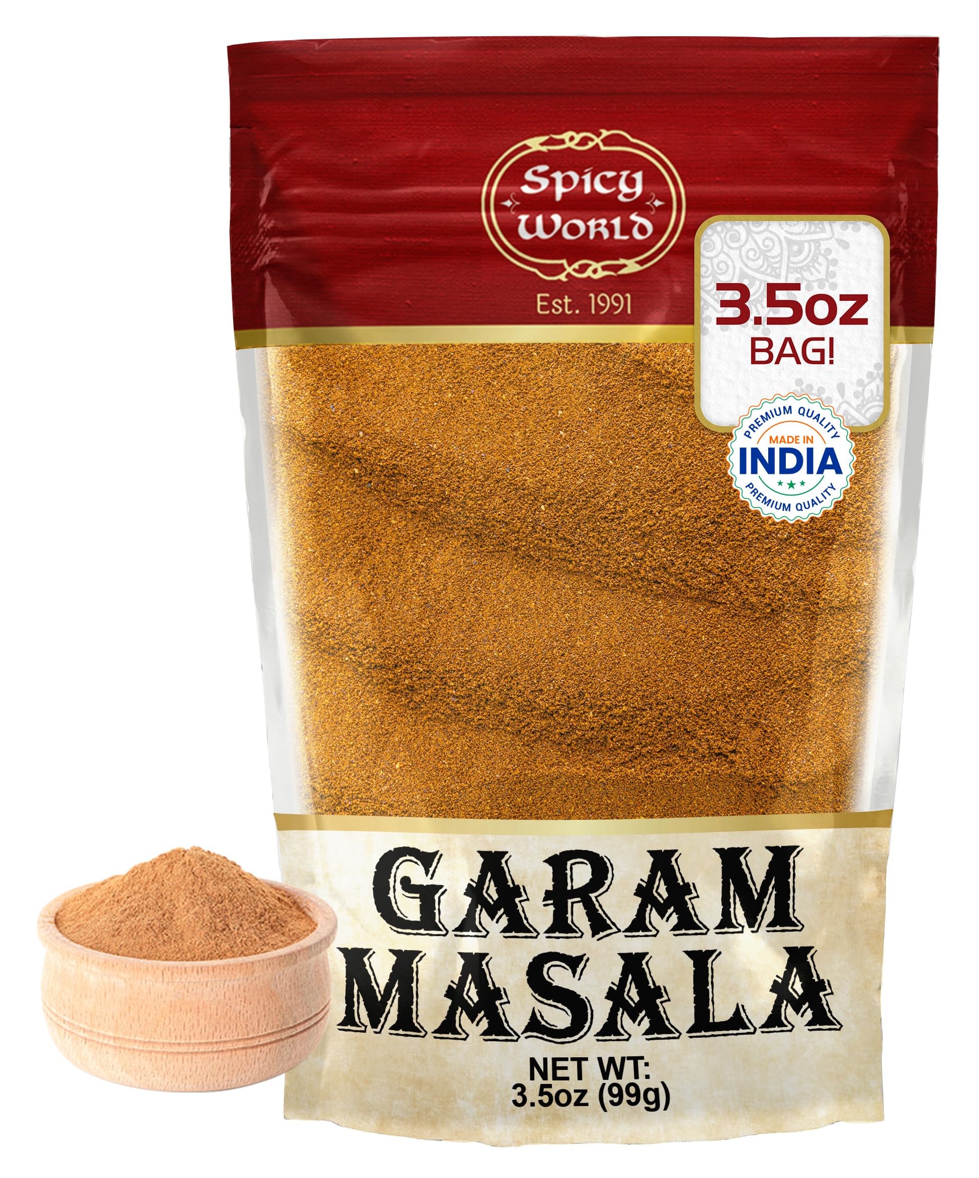Spicy World Garam Masala powder jar showing premium blend and aroma.