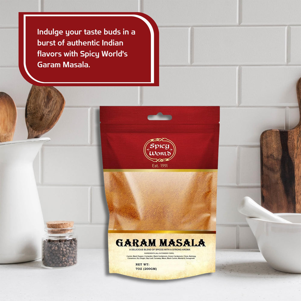 Spicy World garam masala with tandoori and tikka masala ingredients.
