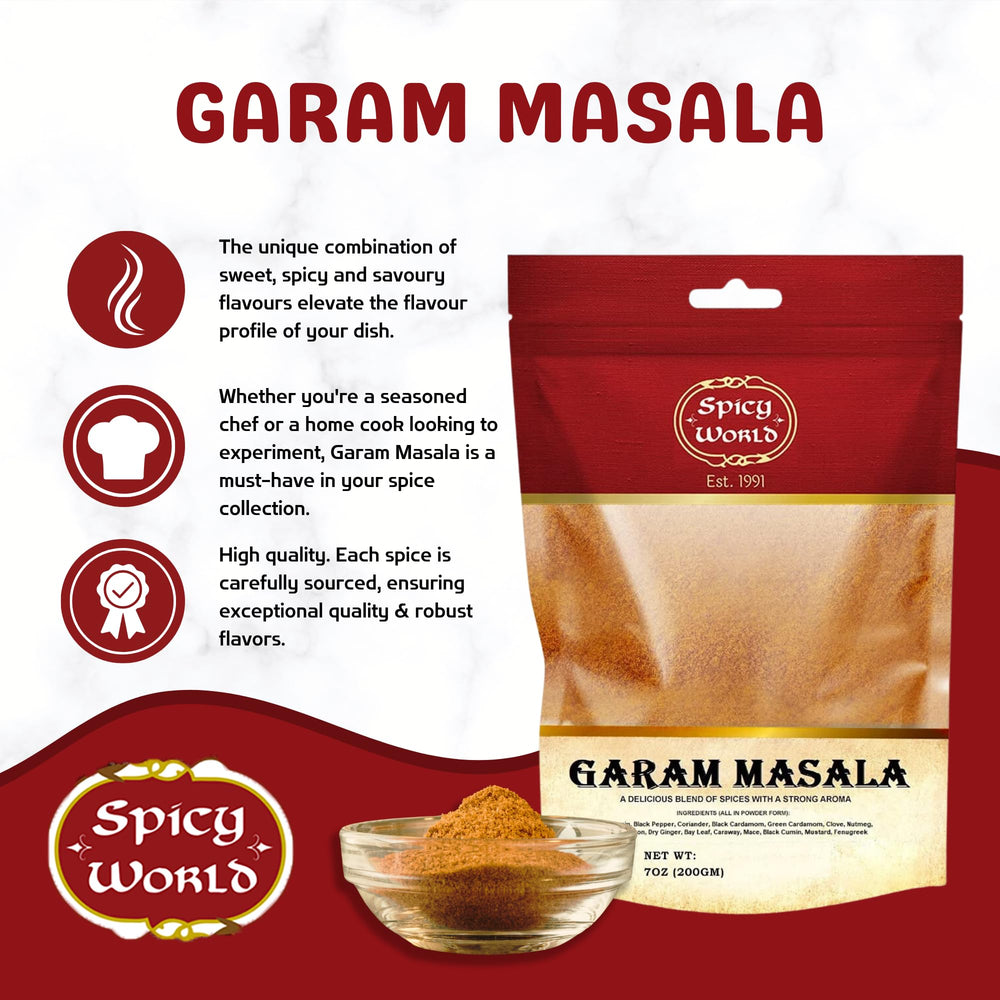Spicy World garam masala spice tin on a kitchen shelf ready for cooking.