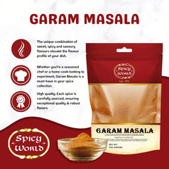 Spicy World garam masala spice tin on a kitchen shelf ready for cooking.