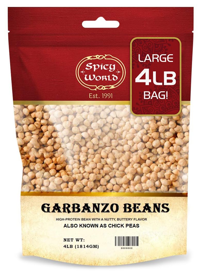 Spicy World garbanzo beans in a 4 lb bag, convenient bulk option for kitchen prep