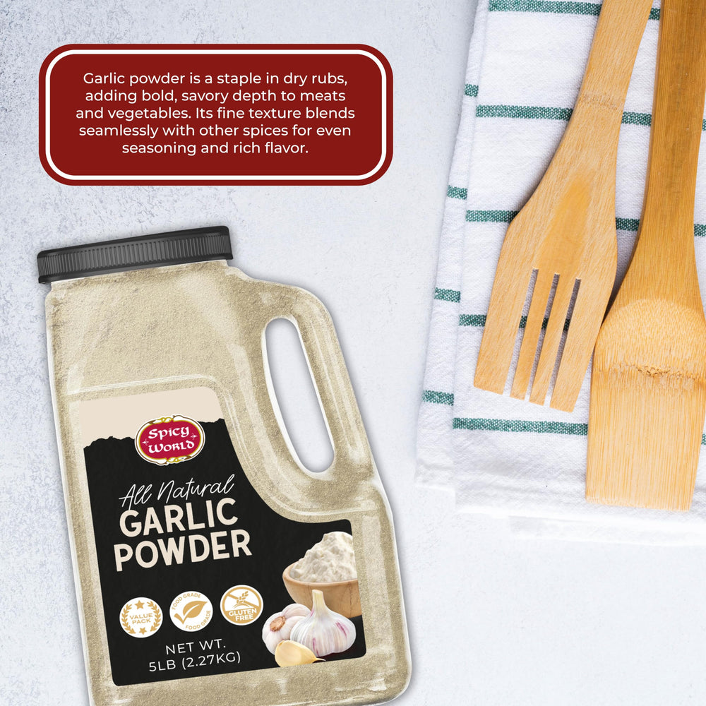 Spicy World garlic powder 5 lb jar back label notes sesame allergen for safe use.