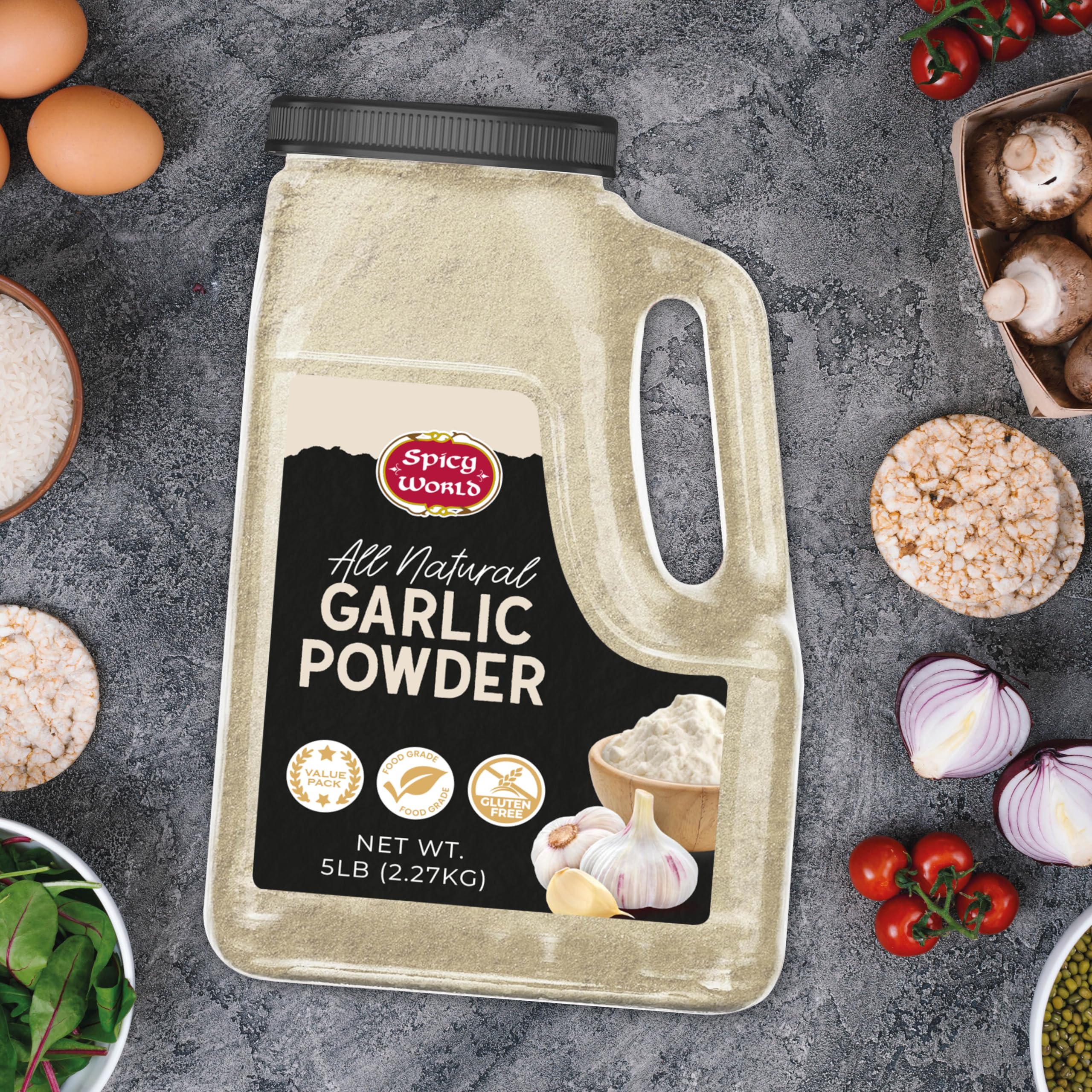 Spicy World bulk 5 lb garlic powder packaging emphasizes value for caterers.