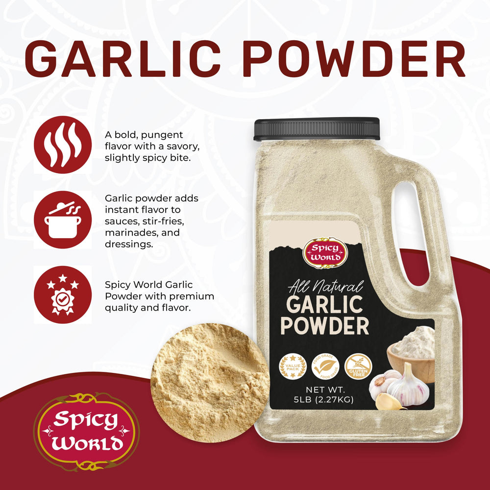 Spicy World garlic powder close-up showing fine texture and aroma.