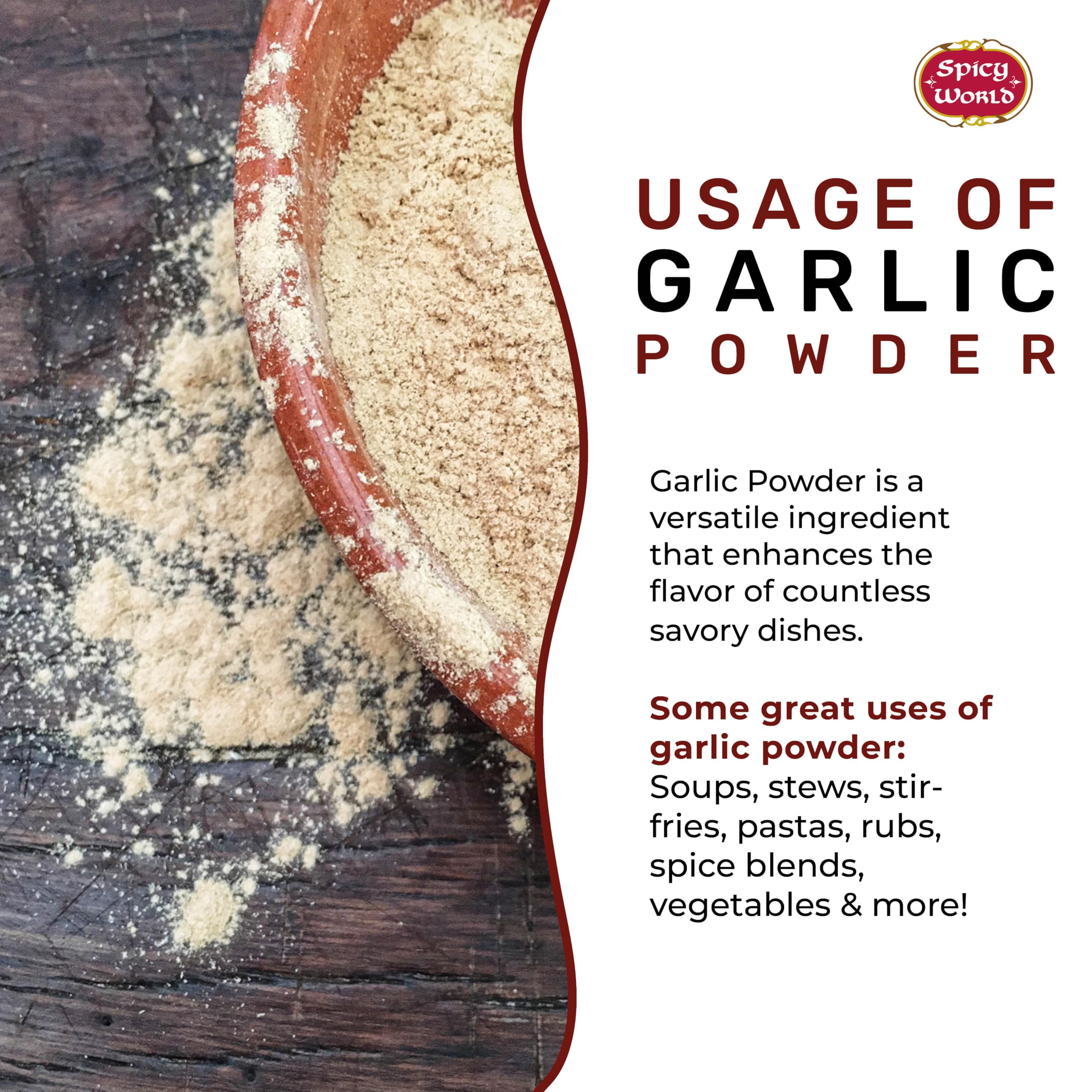 Spicy World garlic powder in a kitchen setup for versatile dry seasoning.
