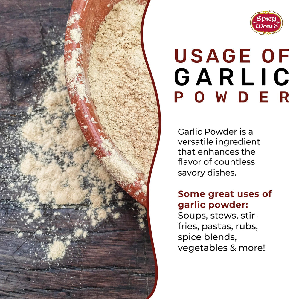 Spicy World garlic powder in a kitchen setup for versatile dry seasoning.