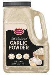 Spicy World garlic powder 5 lb jar label for bulk seasoning in pro kitchens.