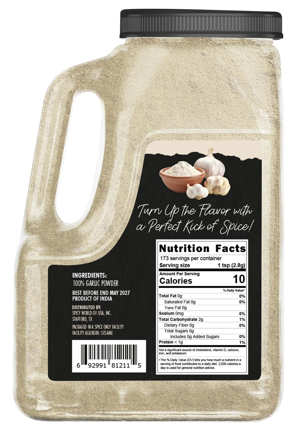 Spicy World garlic powder being poured for quick seasoning in soups and sauces.