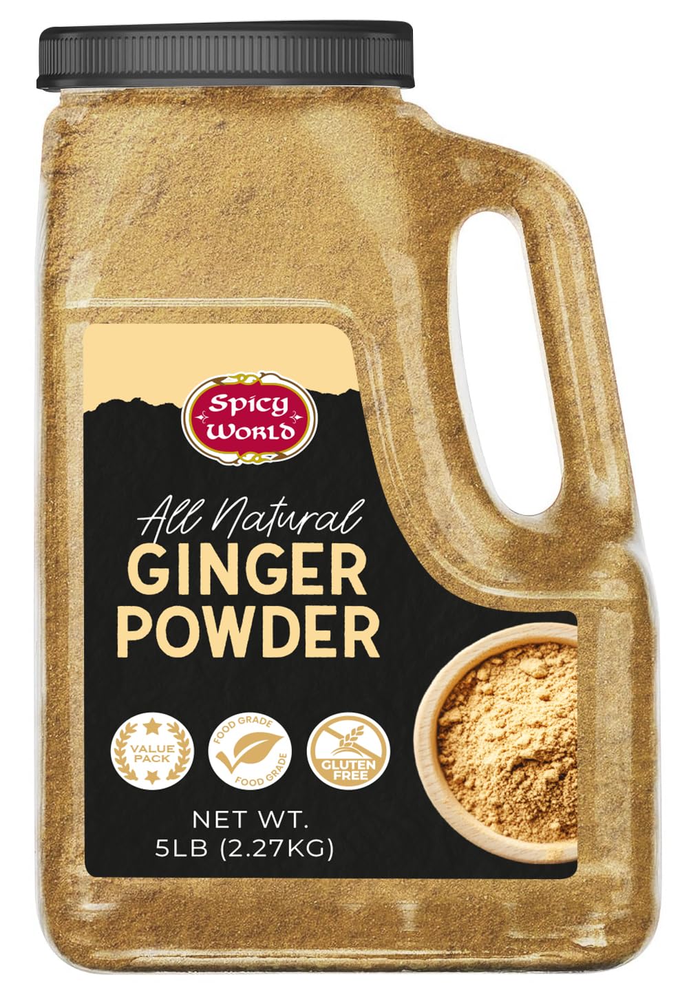 Spicy World Ginger Powder 5lb jar shows bold aroma for curries and teas.