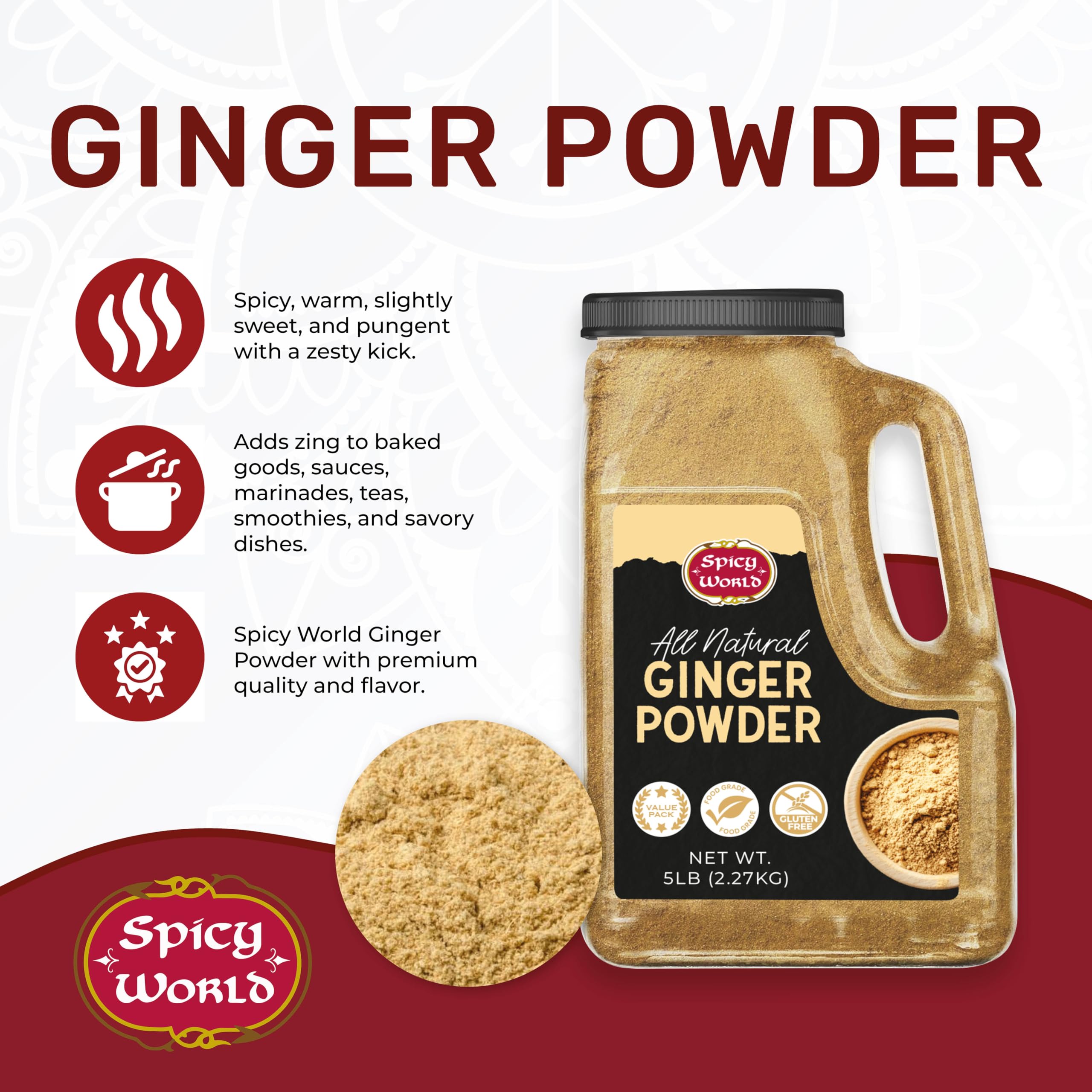 Dispensing jar of Spicy World Ginger Powder delivers consistent flavor for cooking.