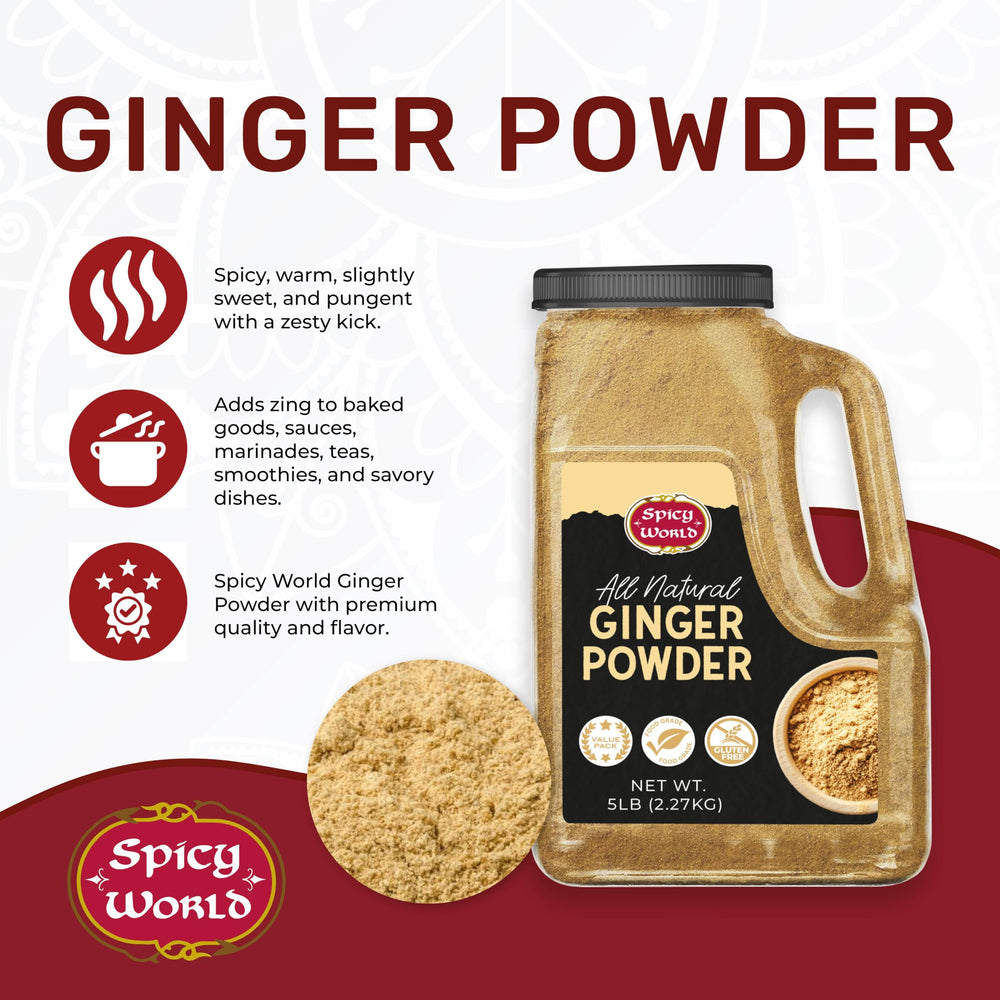 Dispensing jar of Spicy World Ginger Powder delivers consistent flavor for cooking.