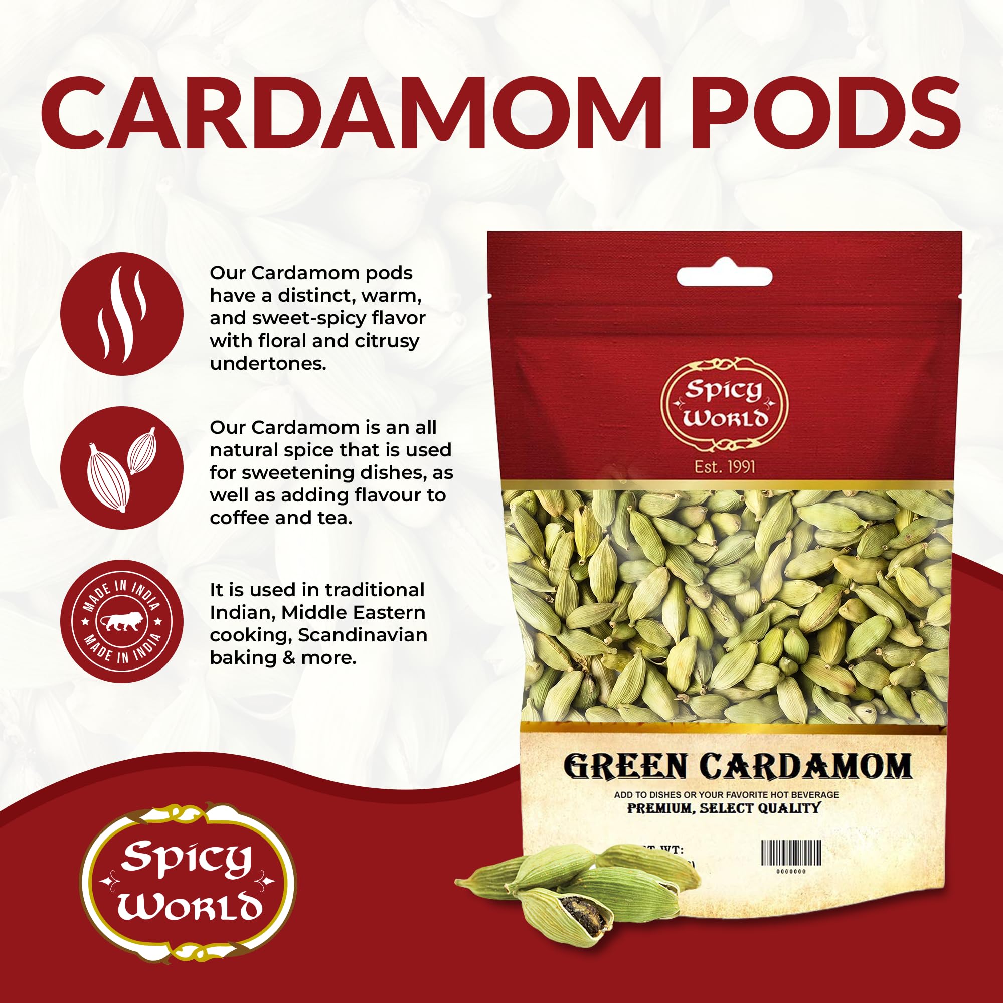 Spicy World green cardamom pods closeup highlighting vibrant green color