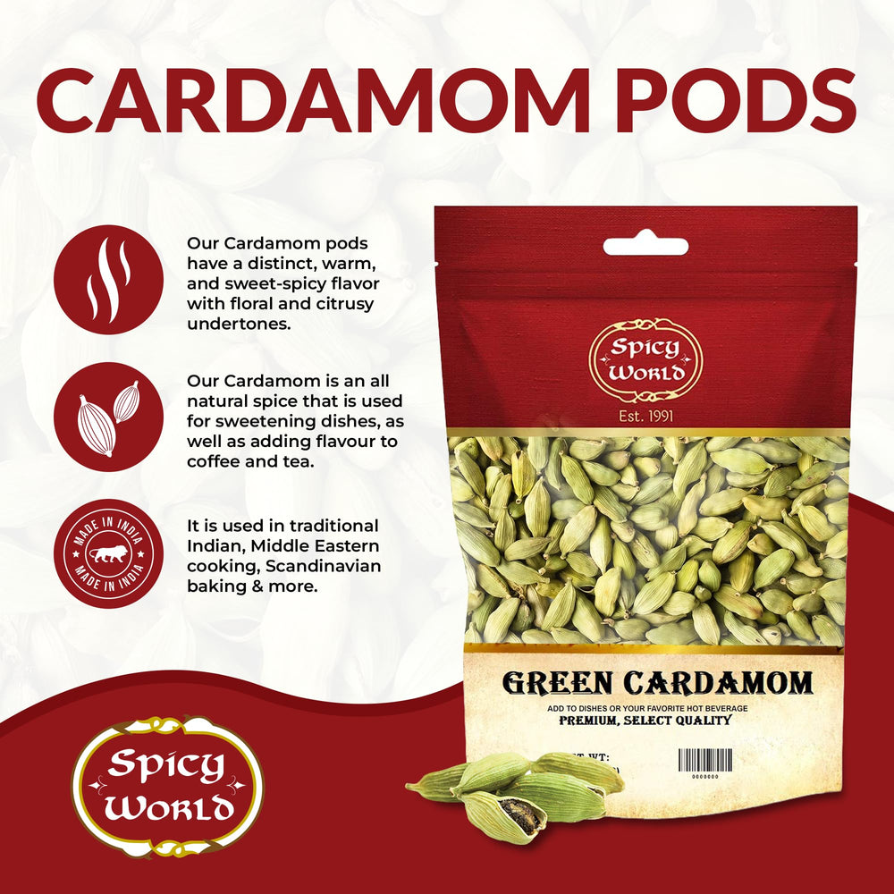 Spicy World green cardamom pods closeup highlighting vibrant green color