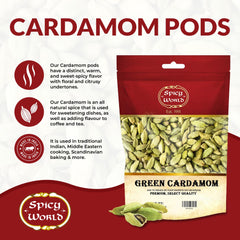 Spicy World green cardamom pods closeup highlighting vibrant green color