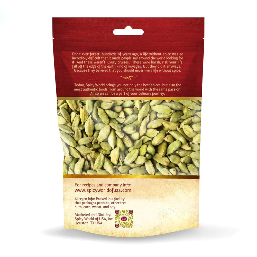 Spicy World green cardamom pods with ground seeds detail for grinding