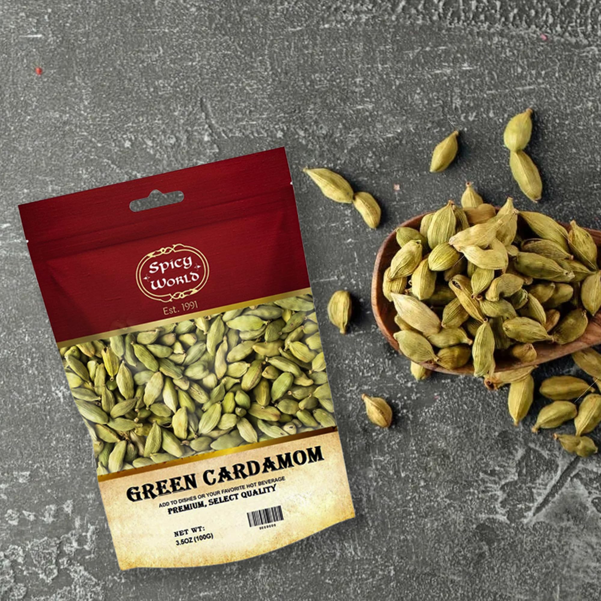 Spicy World green cardamom pods in a kitchen scene for versatile use