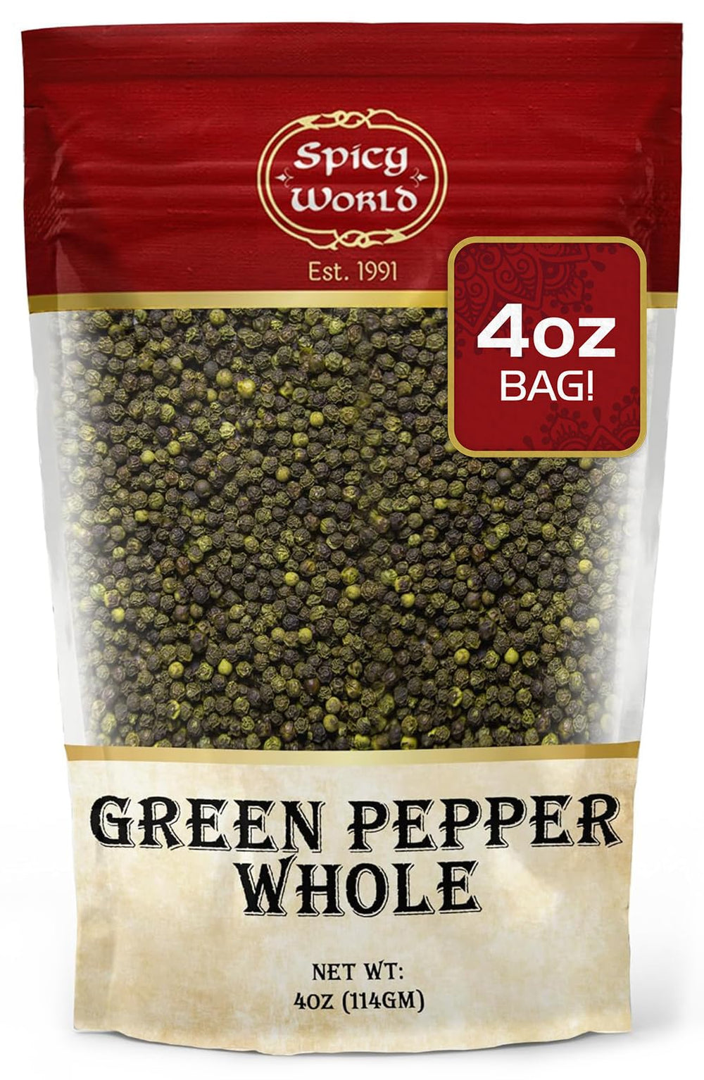 Spicy World green peppercorns in a 4oz bag with fresh aroma ideal for Thai curries