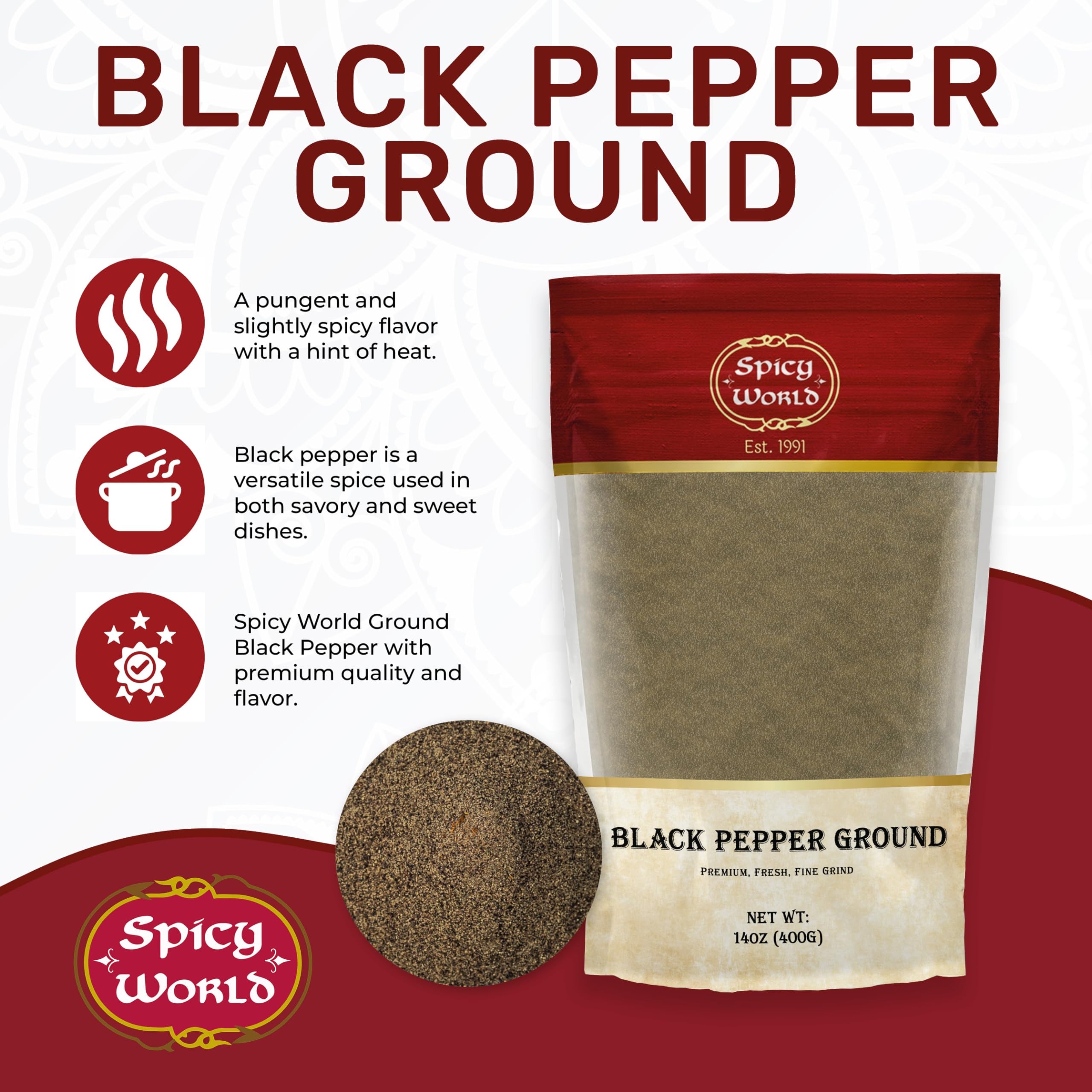 Spicy World ground black pepper close-up highlighting aroma for cooking