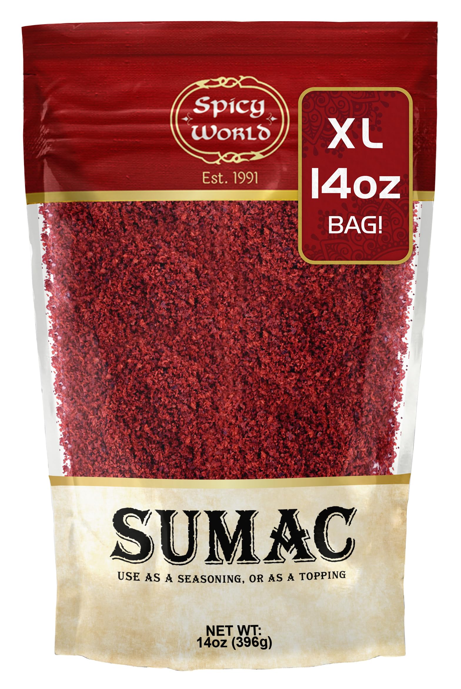 Spicy World ground sumac spice bulk bag close-up shows texture, perfect for tangy dips.