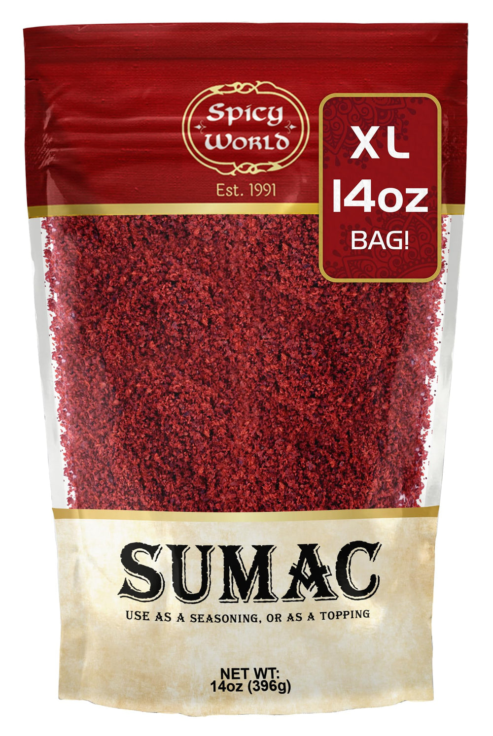 Spicy World ground sumac spice bulk bag close-up shows texture, perfect for tangy dips.