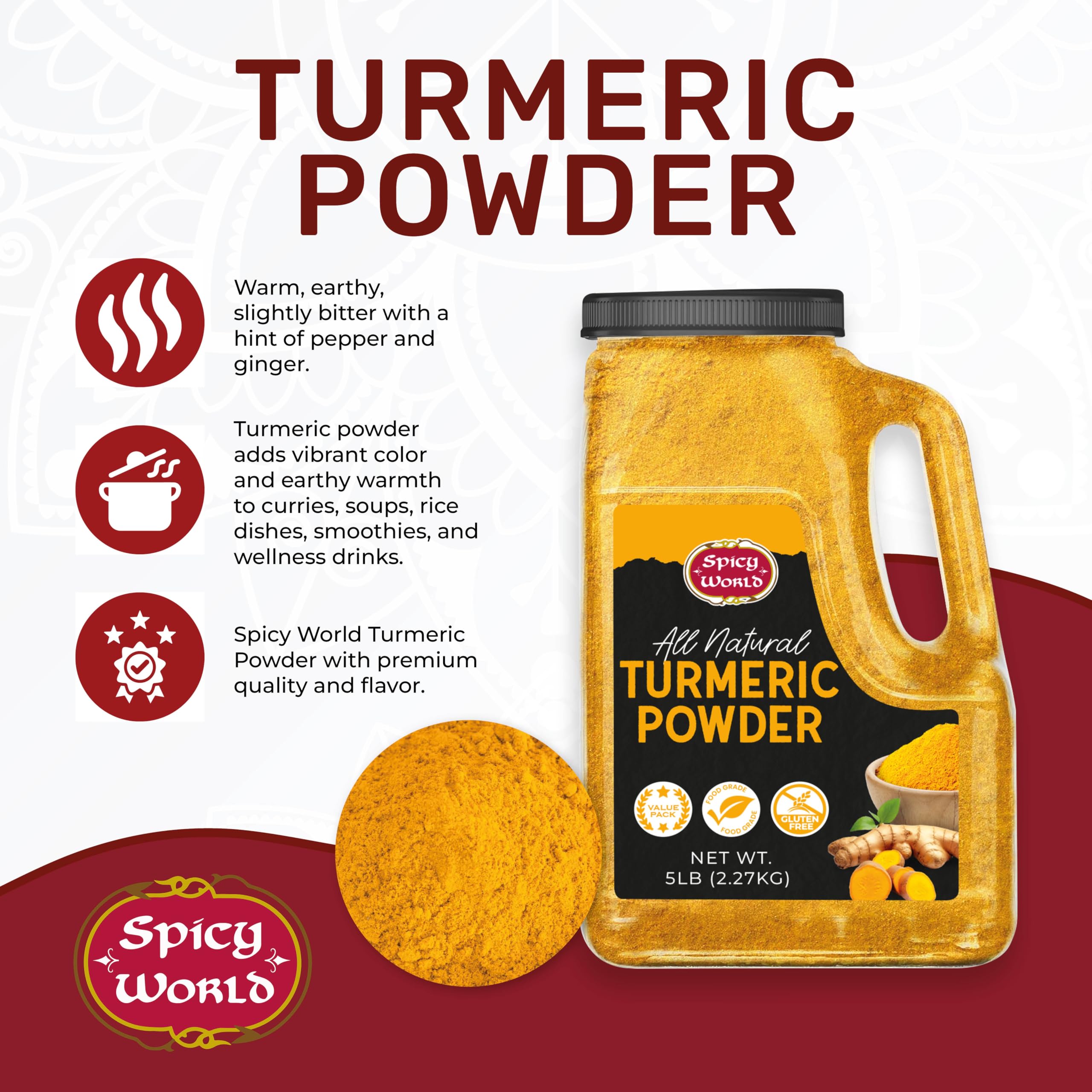 Spicy World ground turmeric closeup showcases rich golden hue.