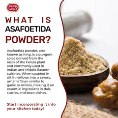 Spicy World Hing powder with spoon illustrates quick tempering for flavorful dal.