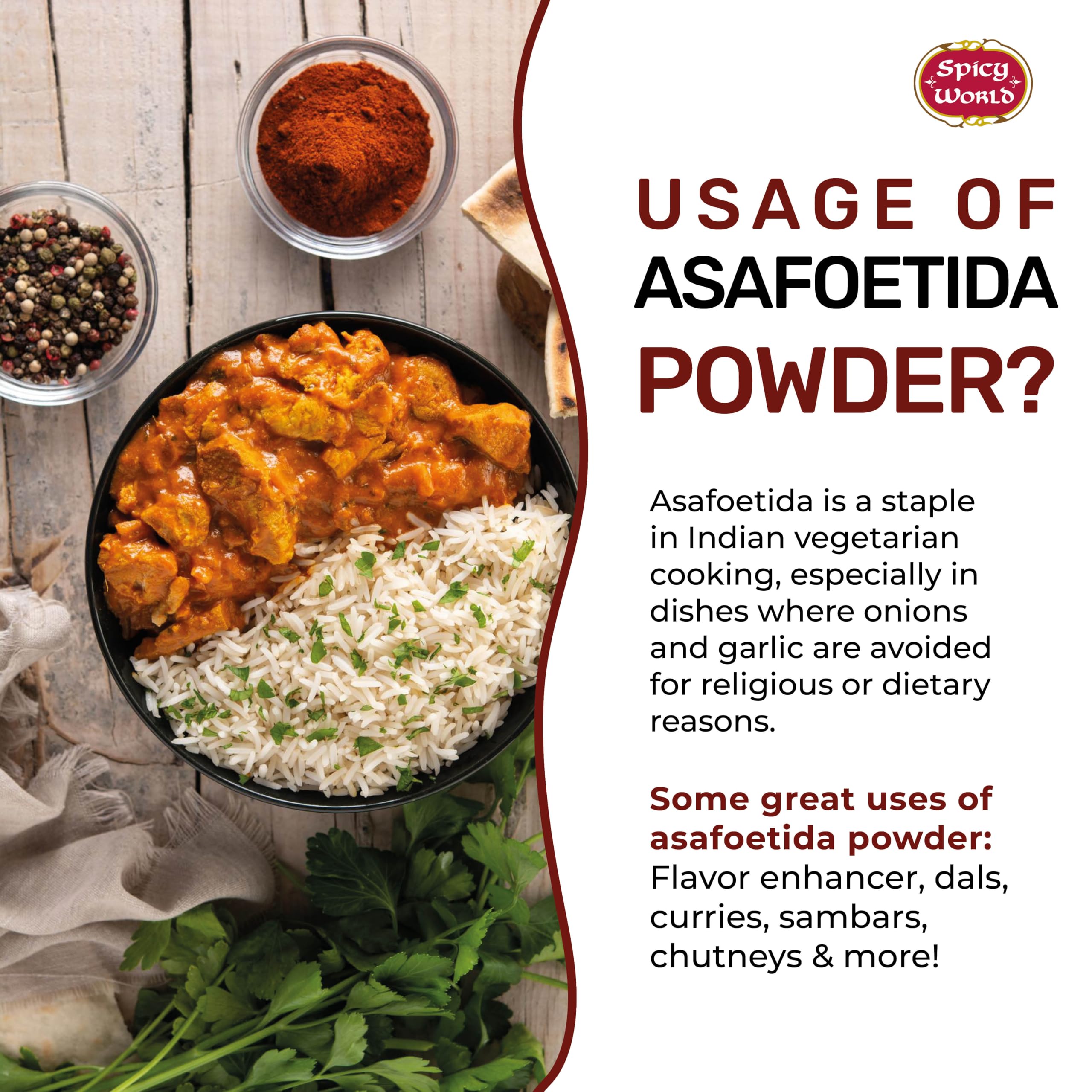 Spicy World Hing powder on spice shelf profiles everyday kitchen convenience.