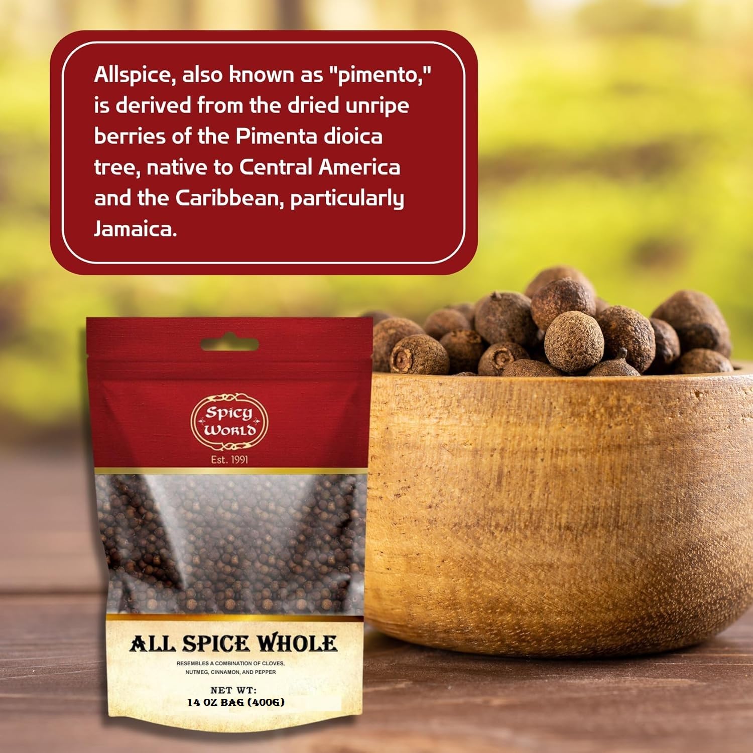 Spicy World Jamaican allspice berries in a wooden bowl