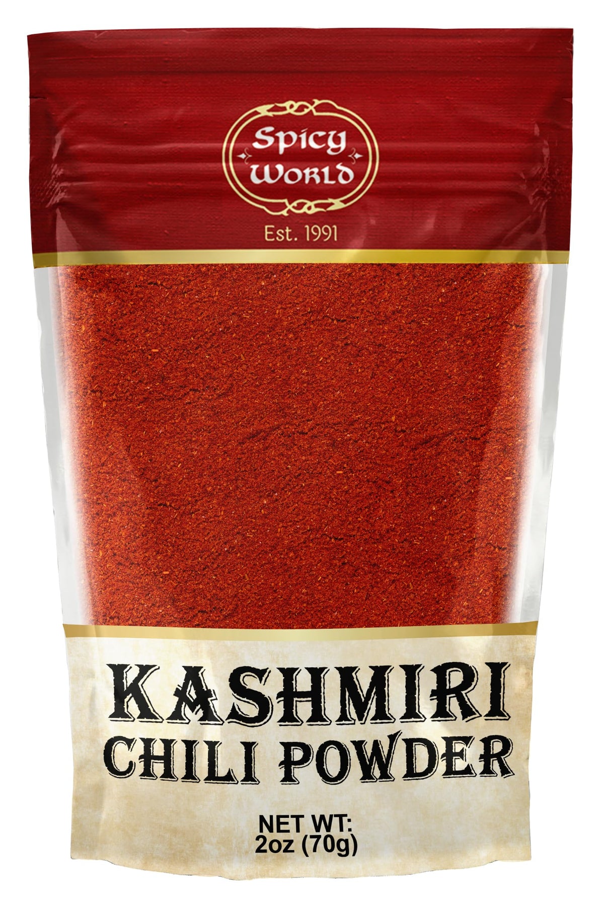 Spicy World Kashmiri chili powder 2oz bag with rich color and mild heat.