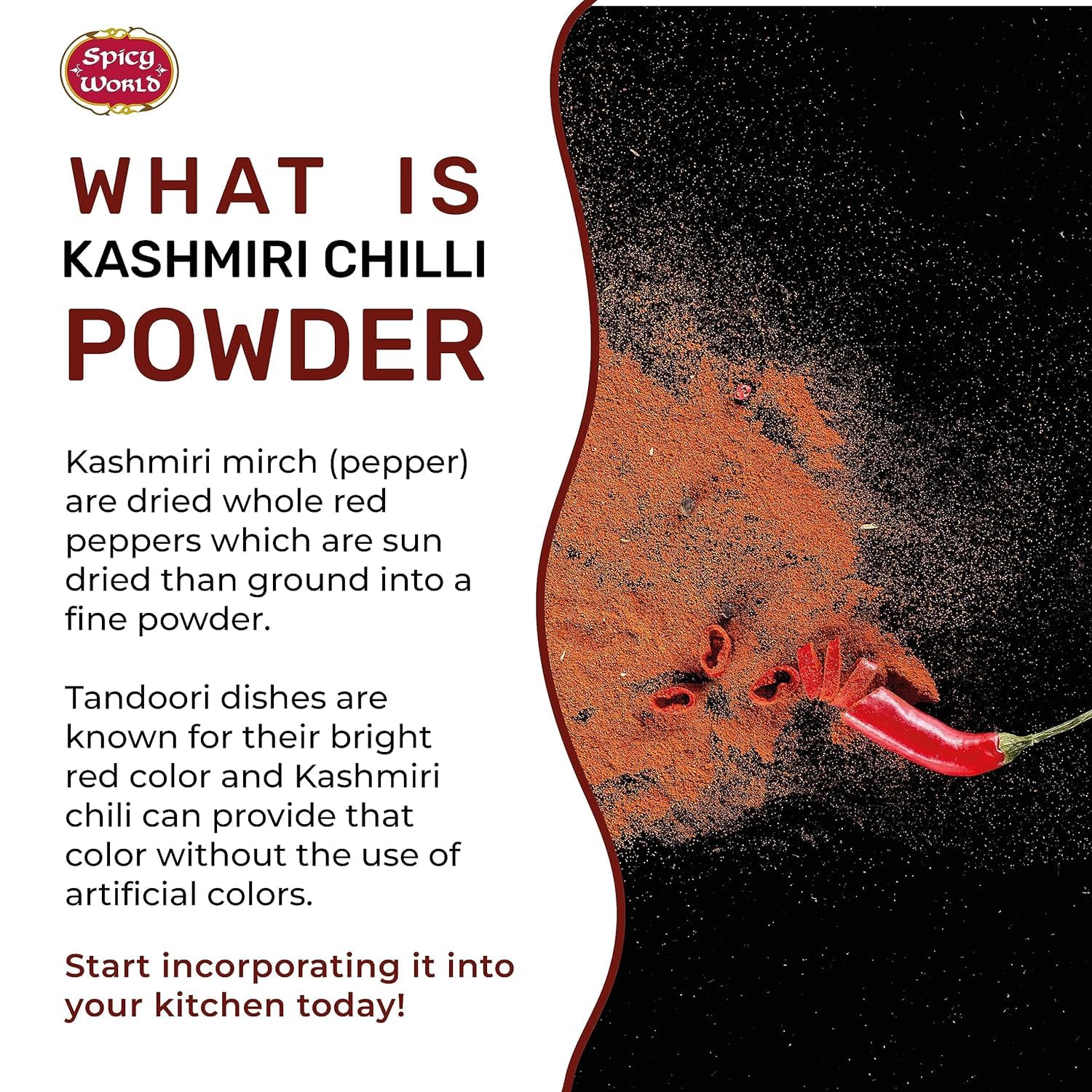 Spicy World Kashmiri chili powder closeup shows fine texture and vibrant red hue.