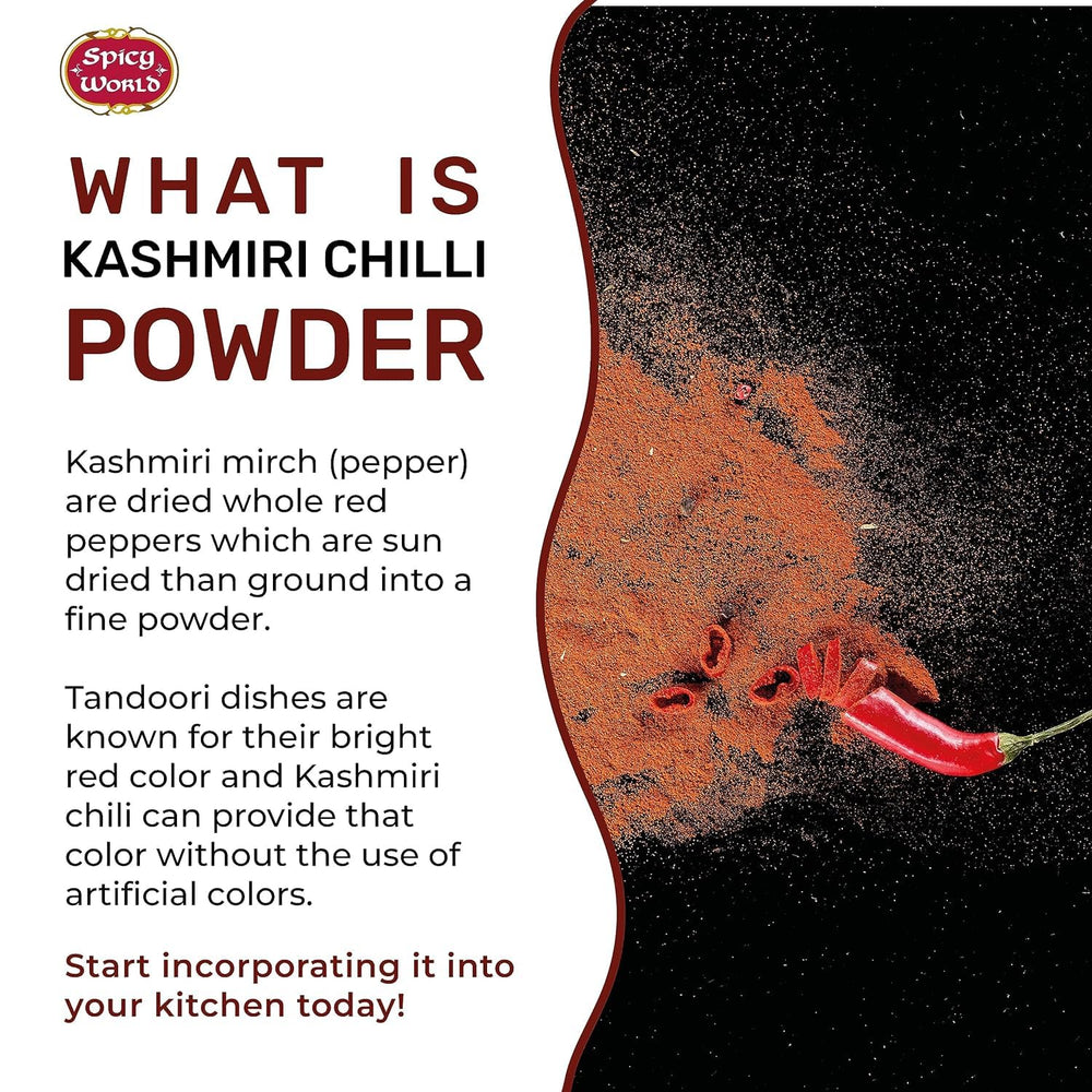 Spicy World Kashmiri chili powder closeup shows fine texture and vibrant red hue.