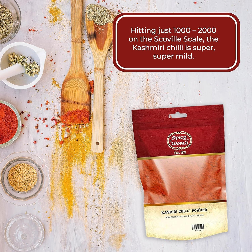 Spicy World Kashmiri chili powder offers rich color and aroma for grilled dishes.