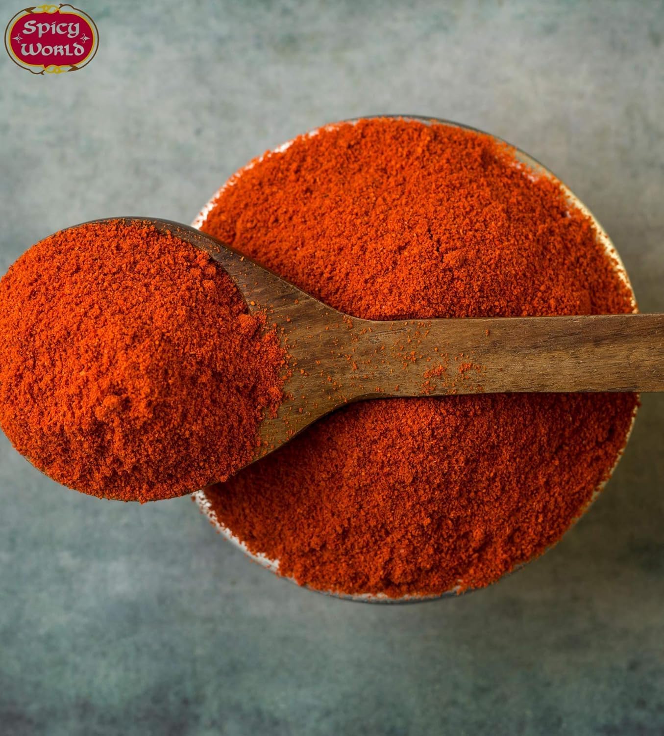 Spicy World Kashmiri chili powder product of India label signals authentic spice.