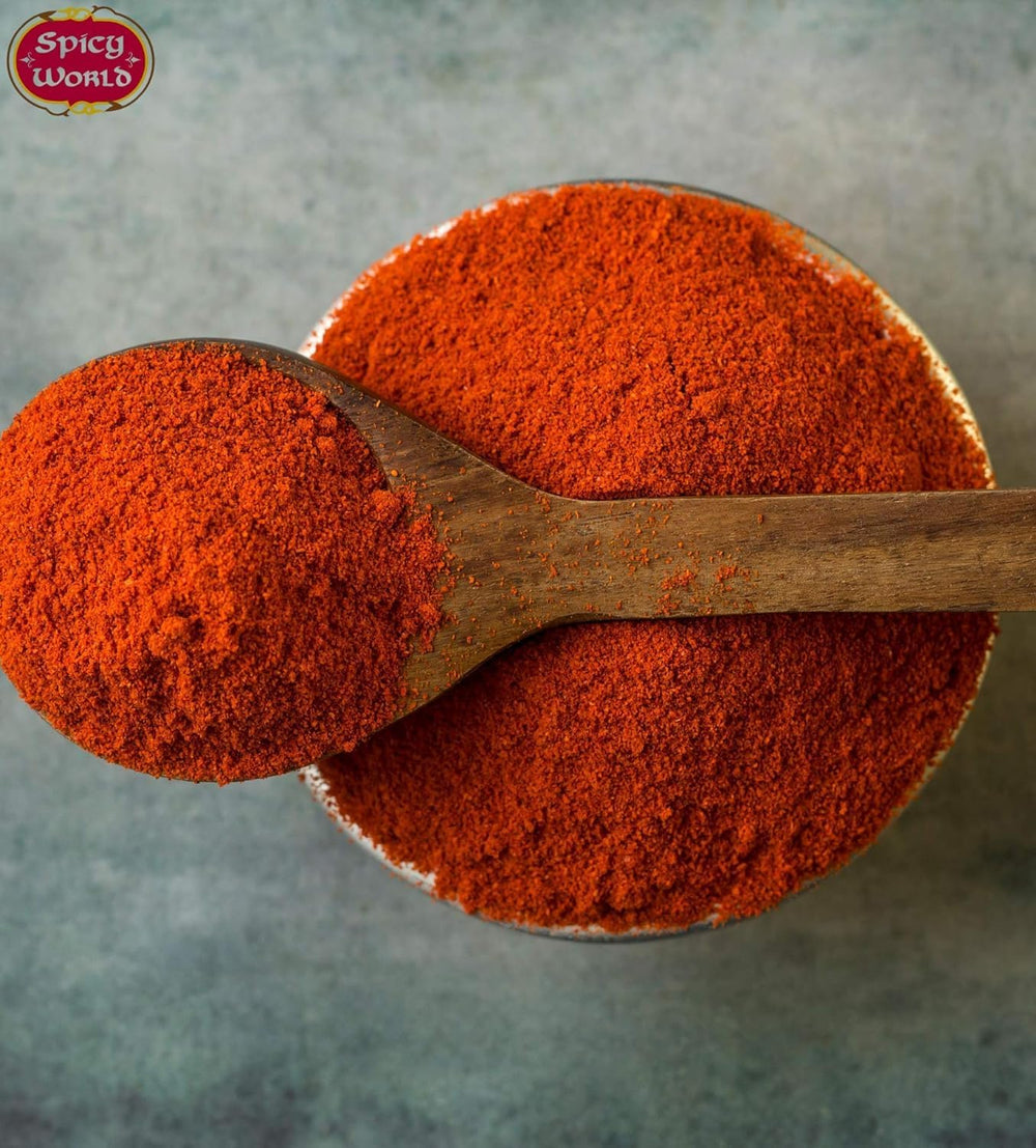 Spicy World Kashmiri chili powder product of India label signals authentic spice.