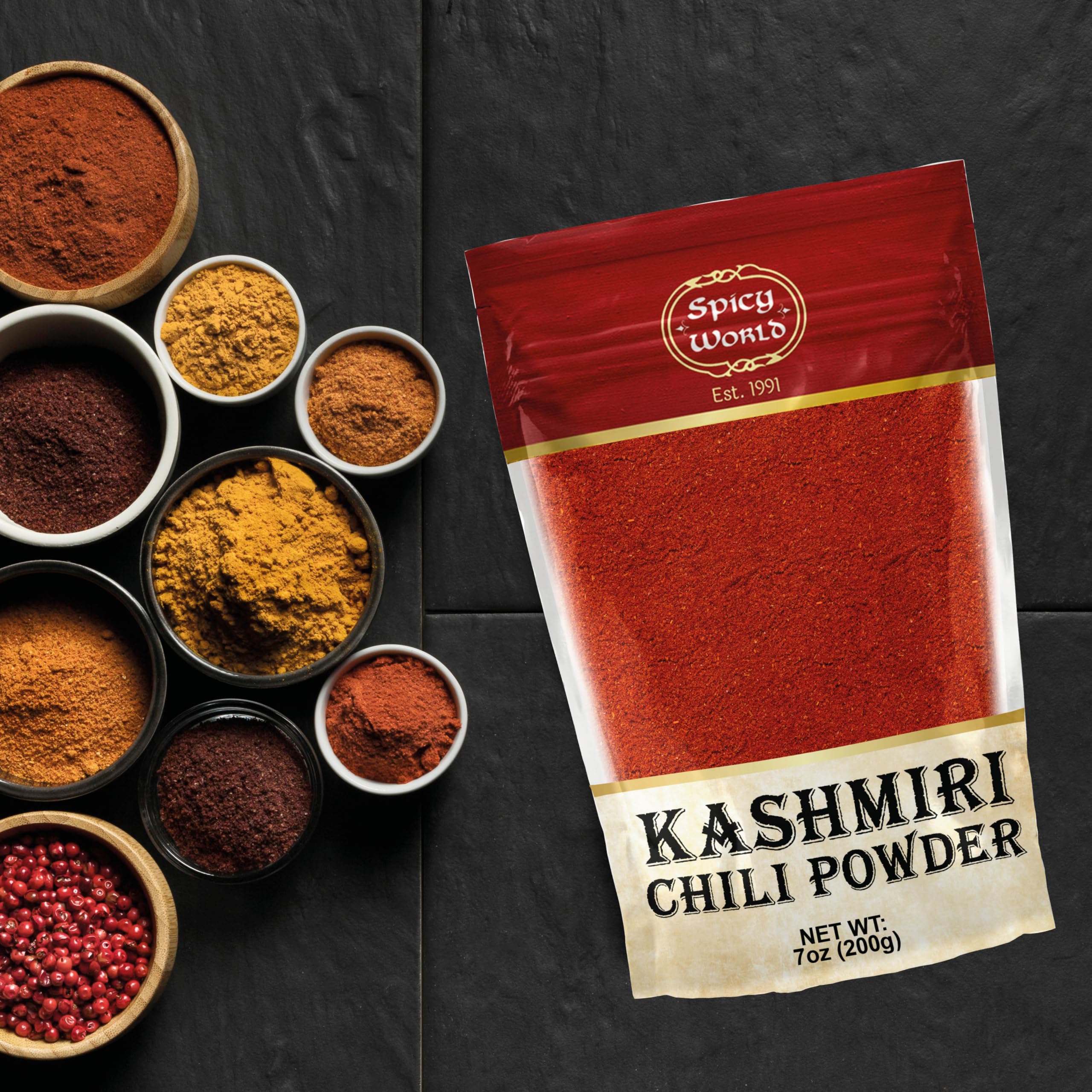 Spicy World Kashmiri chili powder served in a small bowl for flavor testing