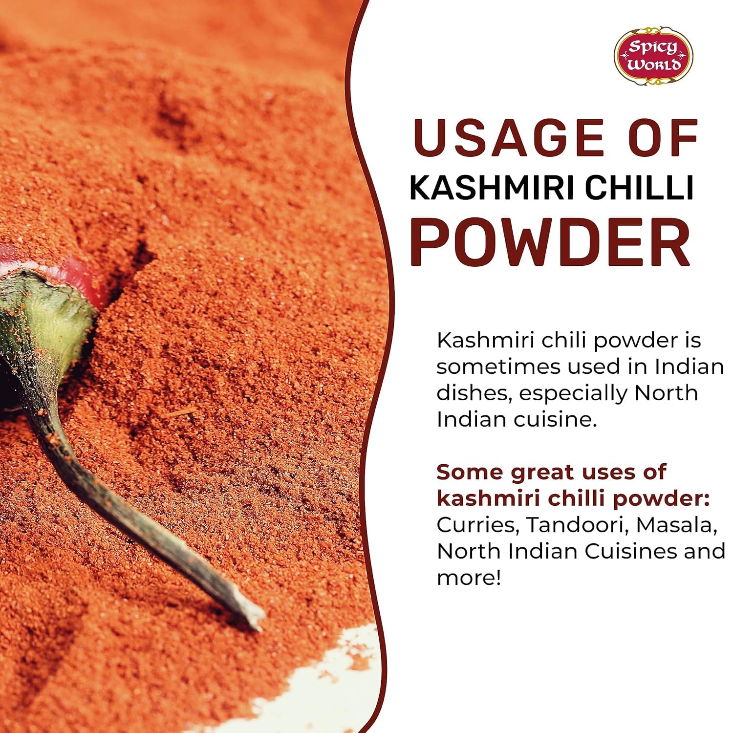 Spicy World Kashmiri chili powder packaging front highlights all-natural ingredients and India origin.