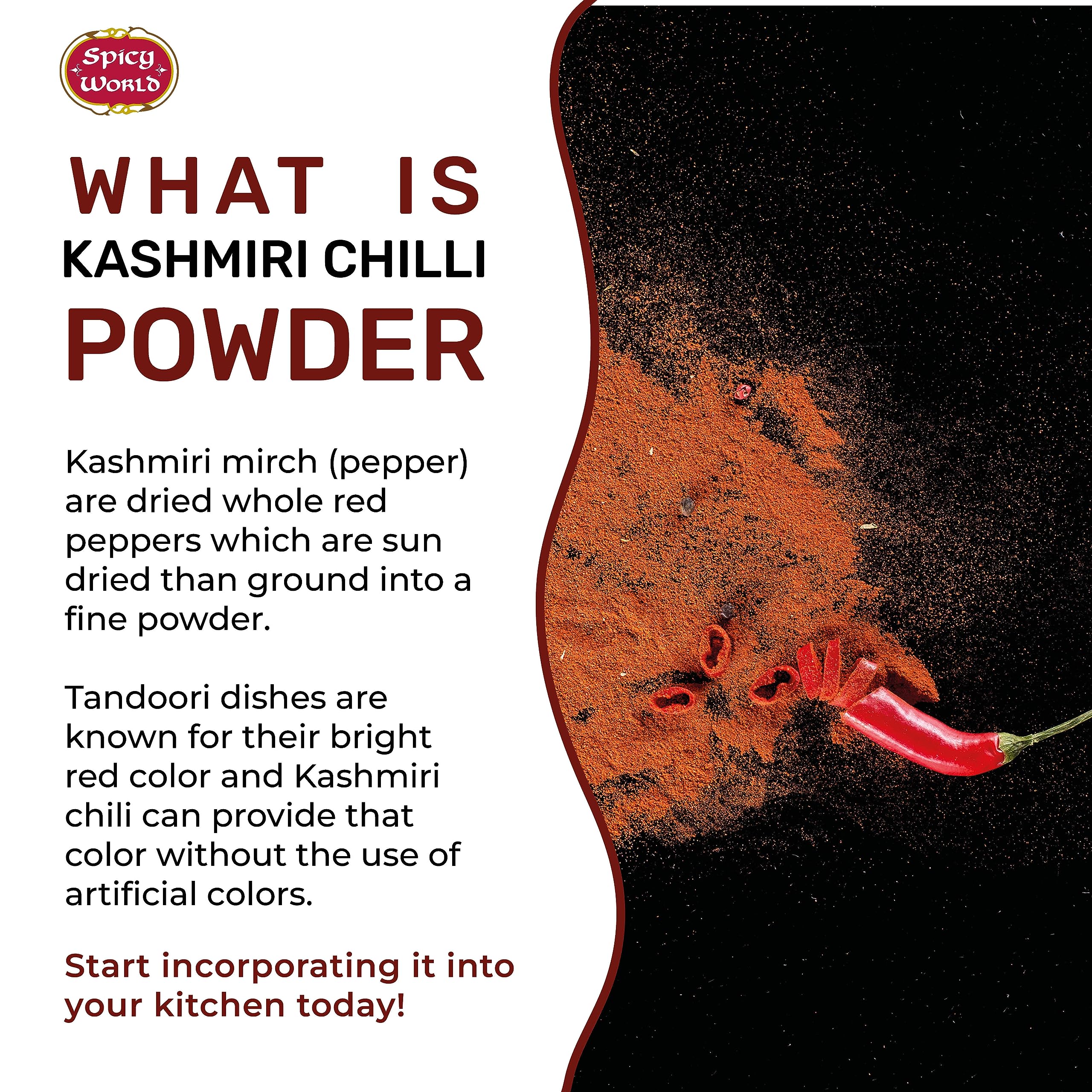 Spicy World Kashmiri chili powder being poured to enhance color and flavor