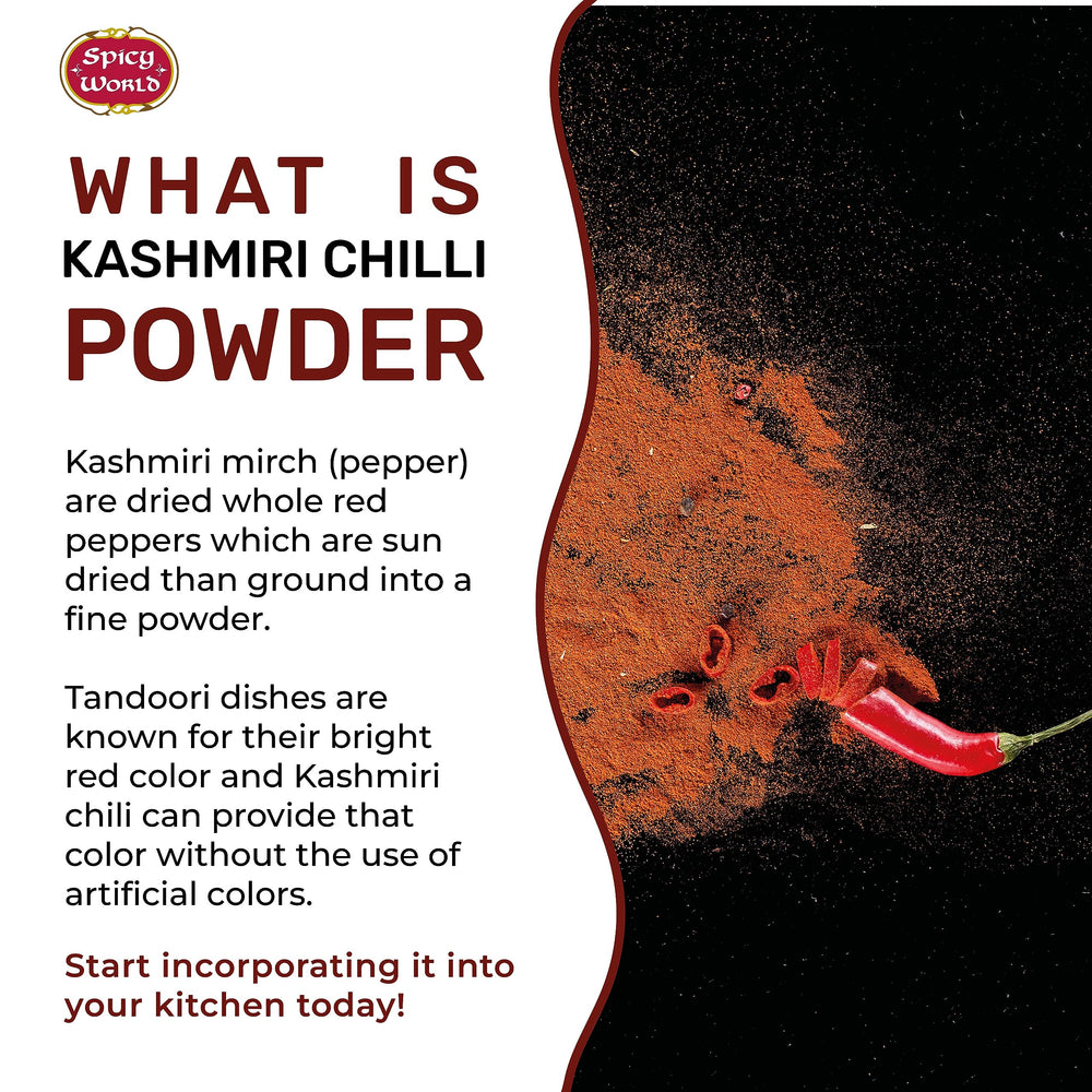 Spicy World Kashmiri chili powder being poured to enhance color and flavor