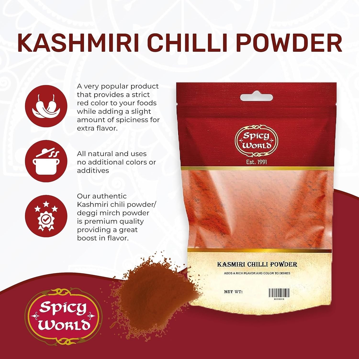 Spicy World Kashmiri chili powder resealable bag preserves freshness and aroma.