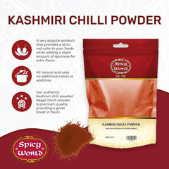 Spicy World Kashmiri chili powder resealable bag preserves freshness and aroma.