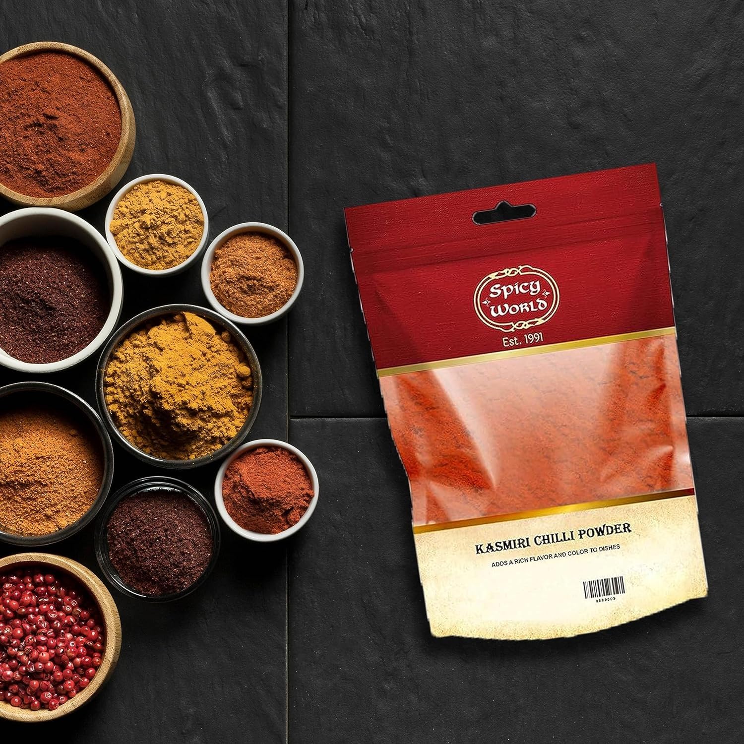 Spicy World Kashmiri chili powder ideal for tikka dishes adding color with mild heat.
