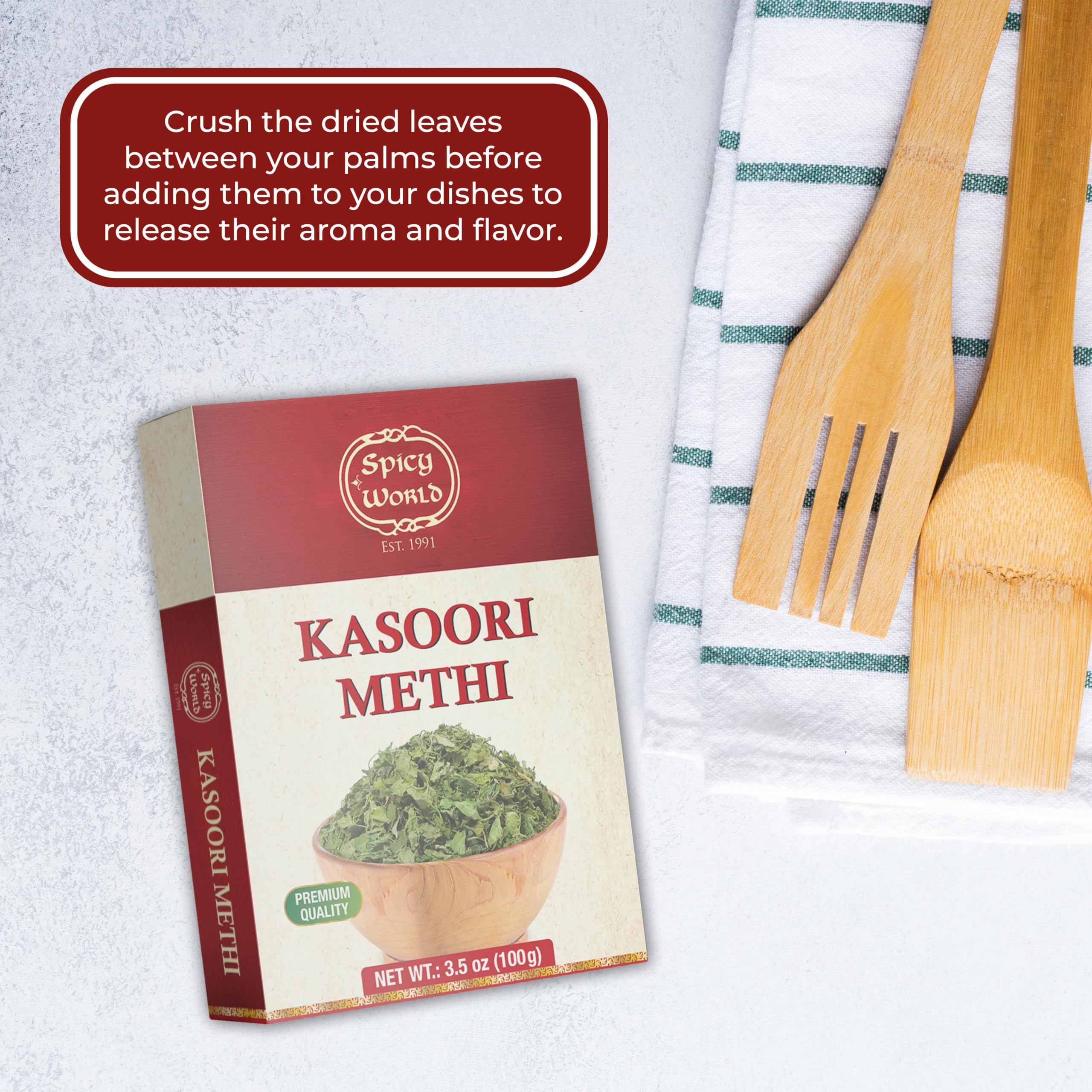 Spicy World kasoori methi leaves on counter ready to season