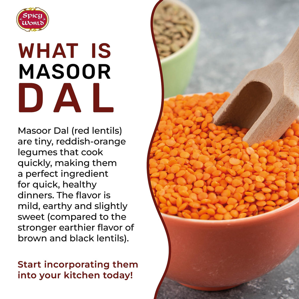 Spicy World Masoor Dal label close-up emphasizes Indian origin.