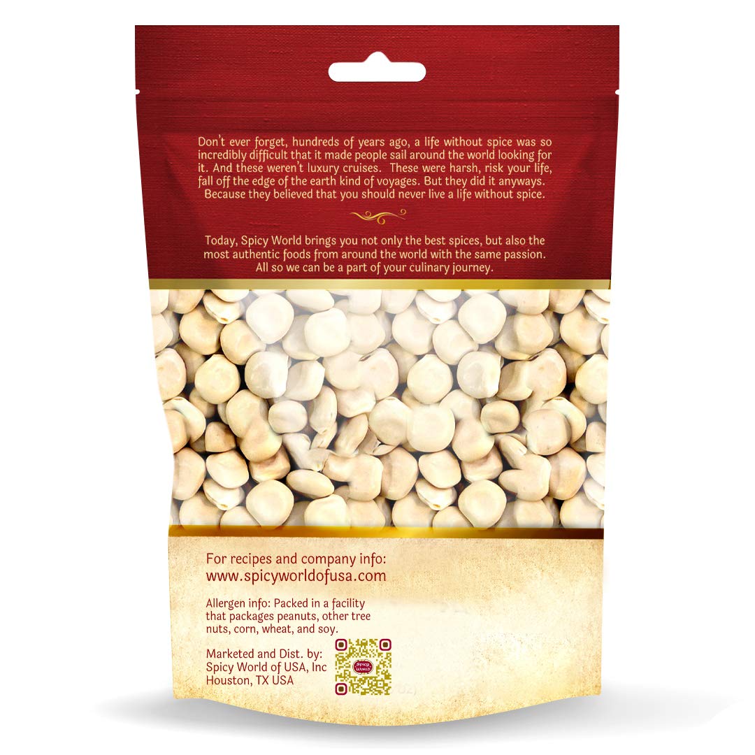 Spicy World lupini beans close-up, dried texture signals hearty vegan cooking potential.