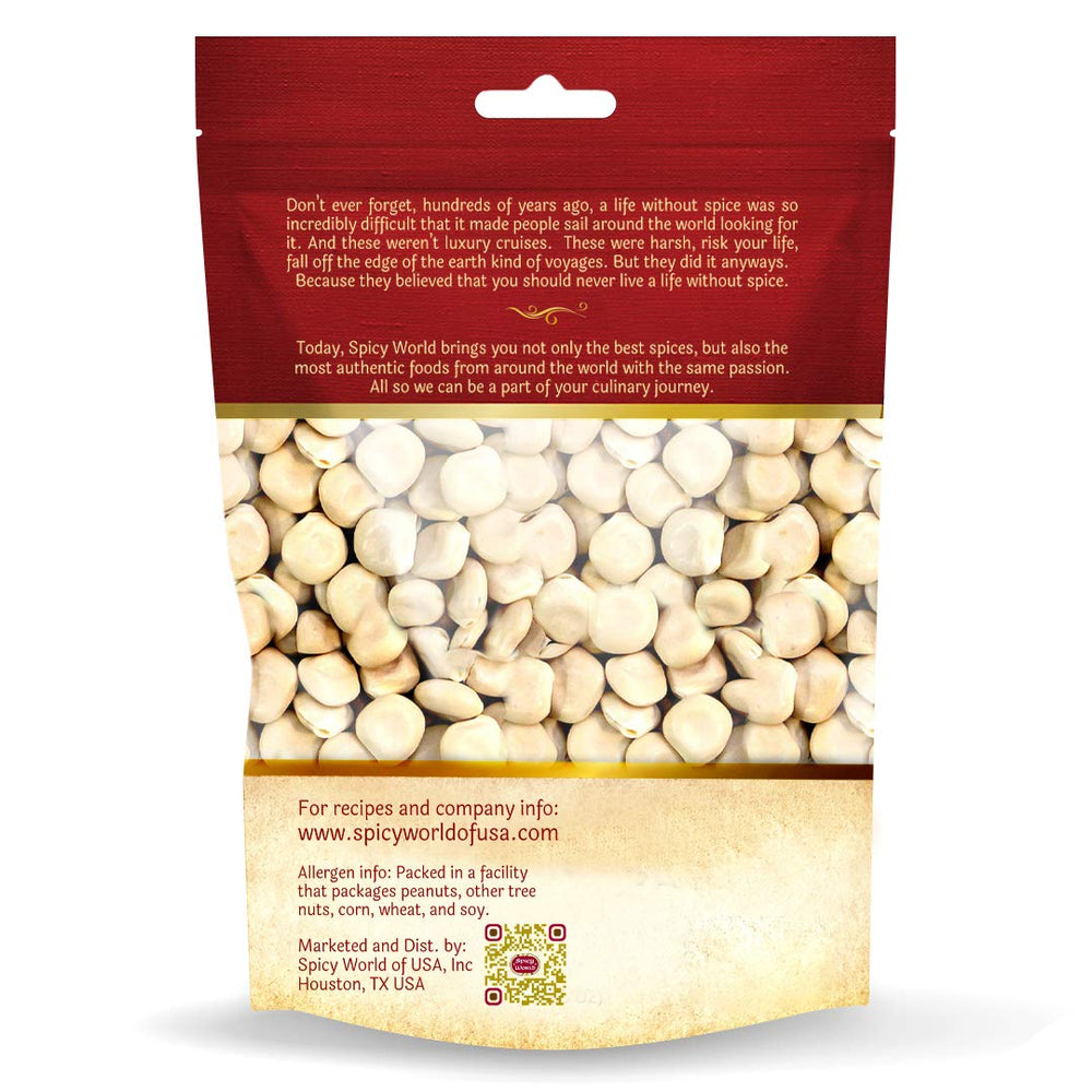 Spicy World lupini beans close-up, dried texture signals hearty vegan cooking potential.