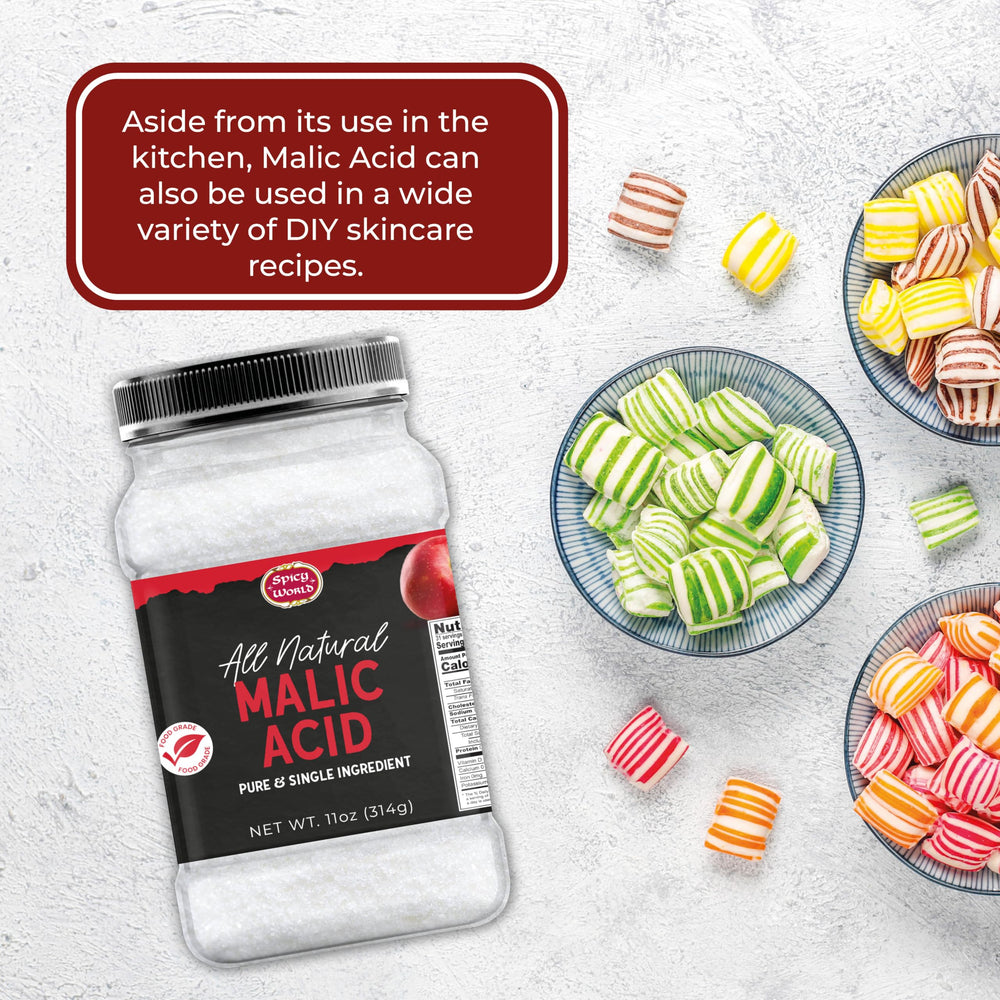 Closeup of Spicy World malic acid powder jar for everyday use.