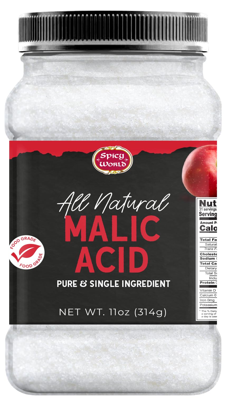 Spicy World Malic Acid Powder jar displays pure food-grade formula for sour flavoring.