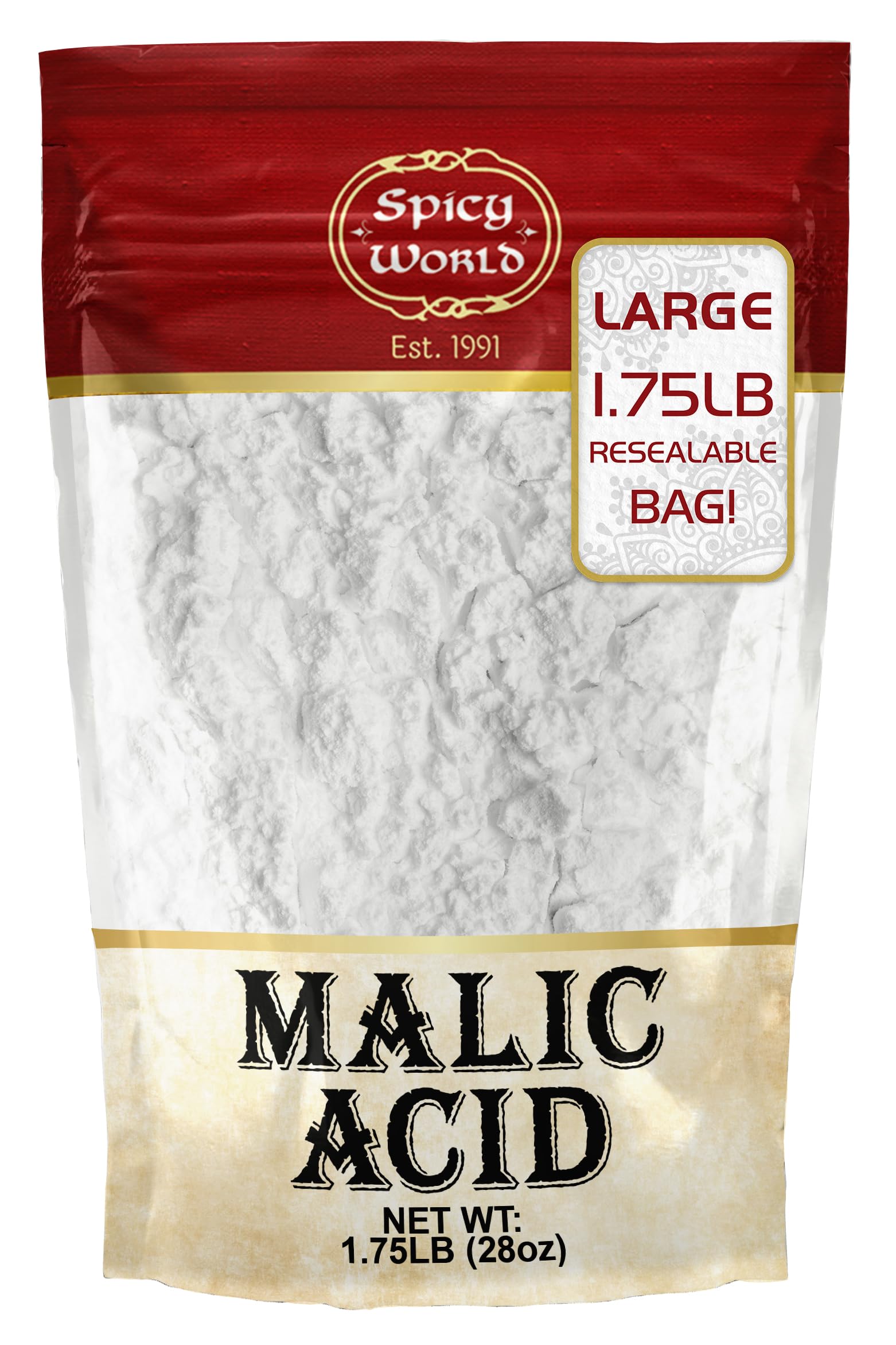 Spicy World Malic Acid Powder jar displaying pure white crystals for tart flavor enhancement.
